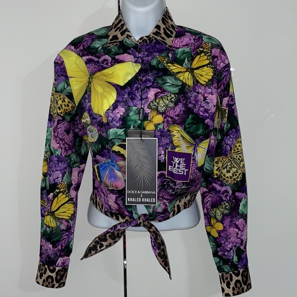 Dolce & Gabbana x Khaled Short poplin shirt butterfly print knot detail - Picture 8 of 15